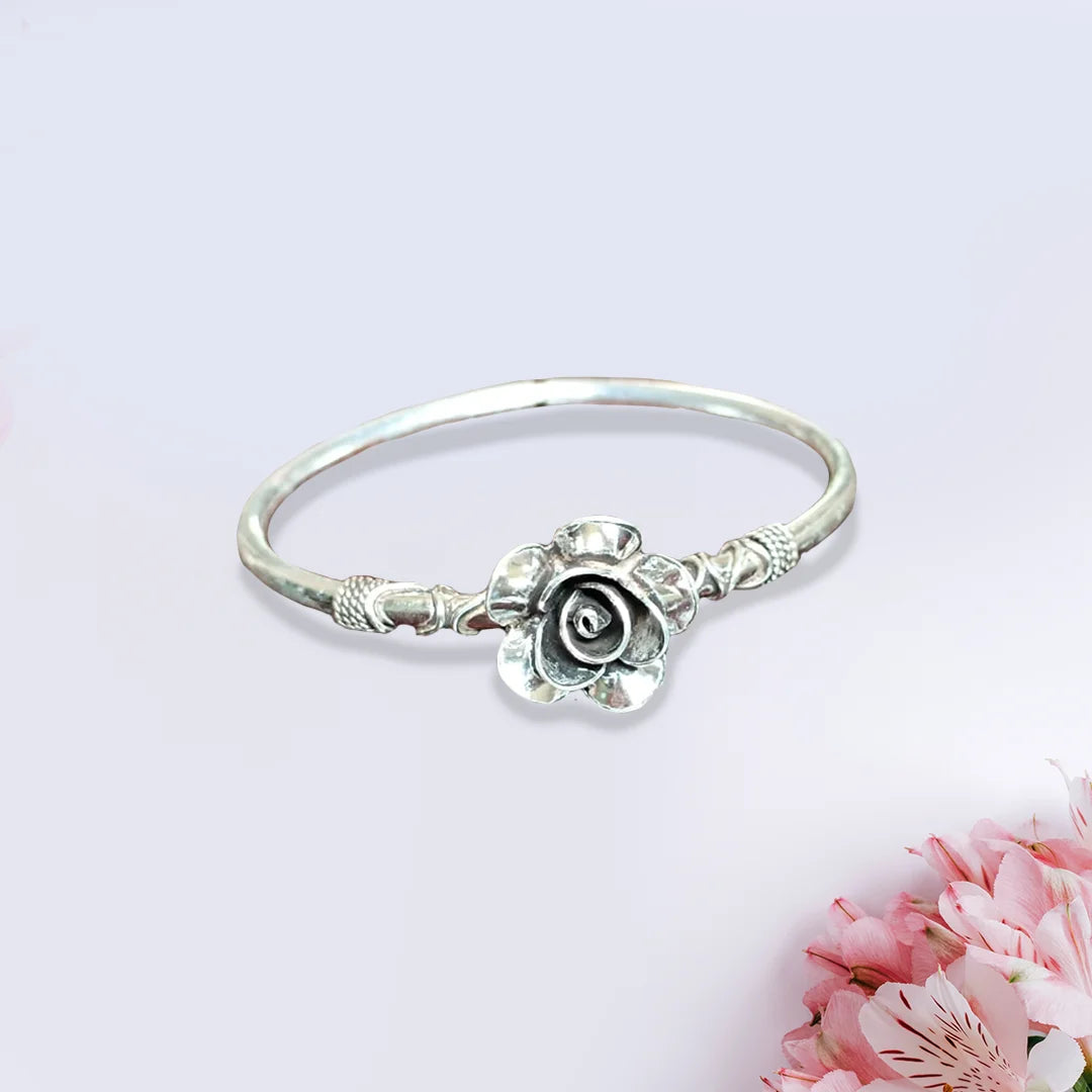 Silver Rose Oxydised Silver Bracelet - Openable - Mohnaa Jewels