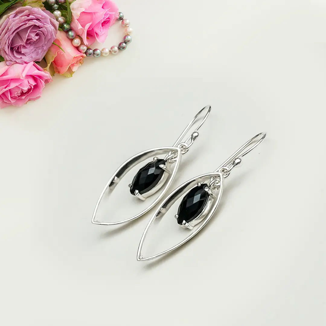 Double Leaf Earrings With Black Onyx Gemstone Best Design in 925 Sterling Silver