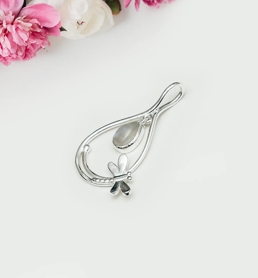 Dragonfly Pendent With Rainbow Moonstone In 925 Sterling Silver