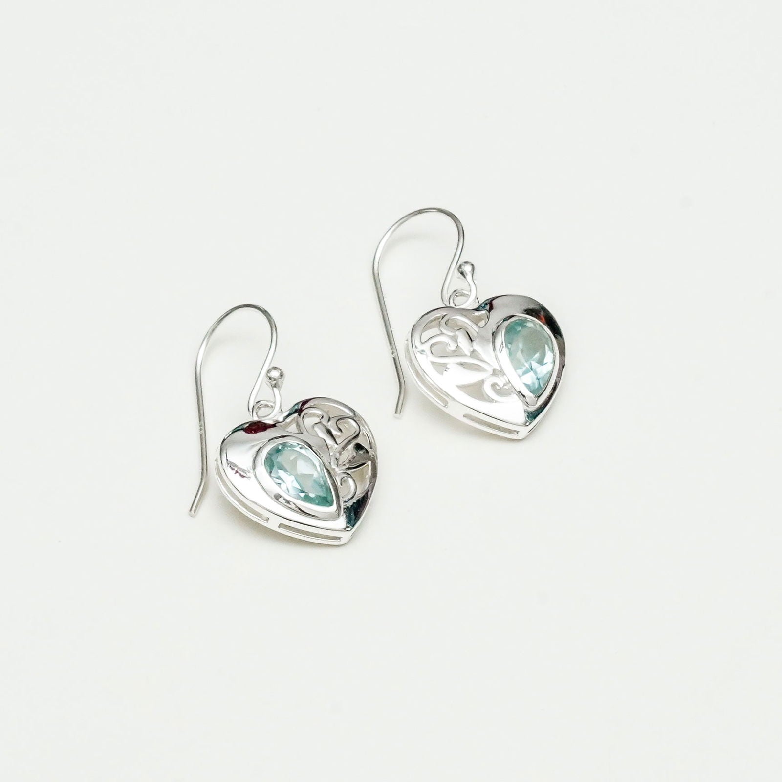 Heart Earrings With Semi Precious BlueTopaz Gemstone Solid 925 Sterling Silver
