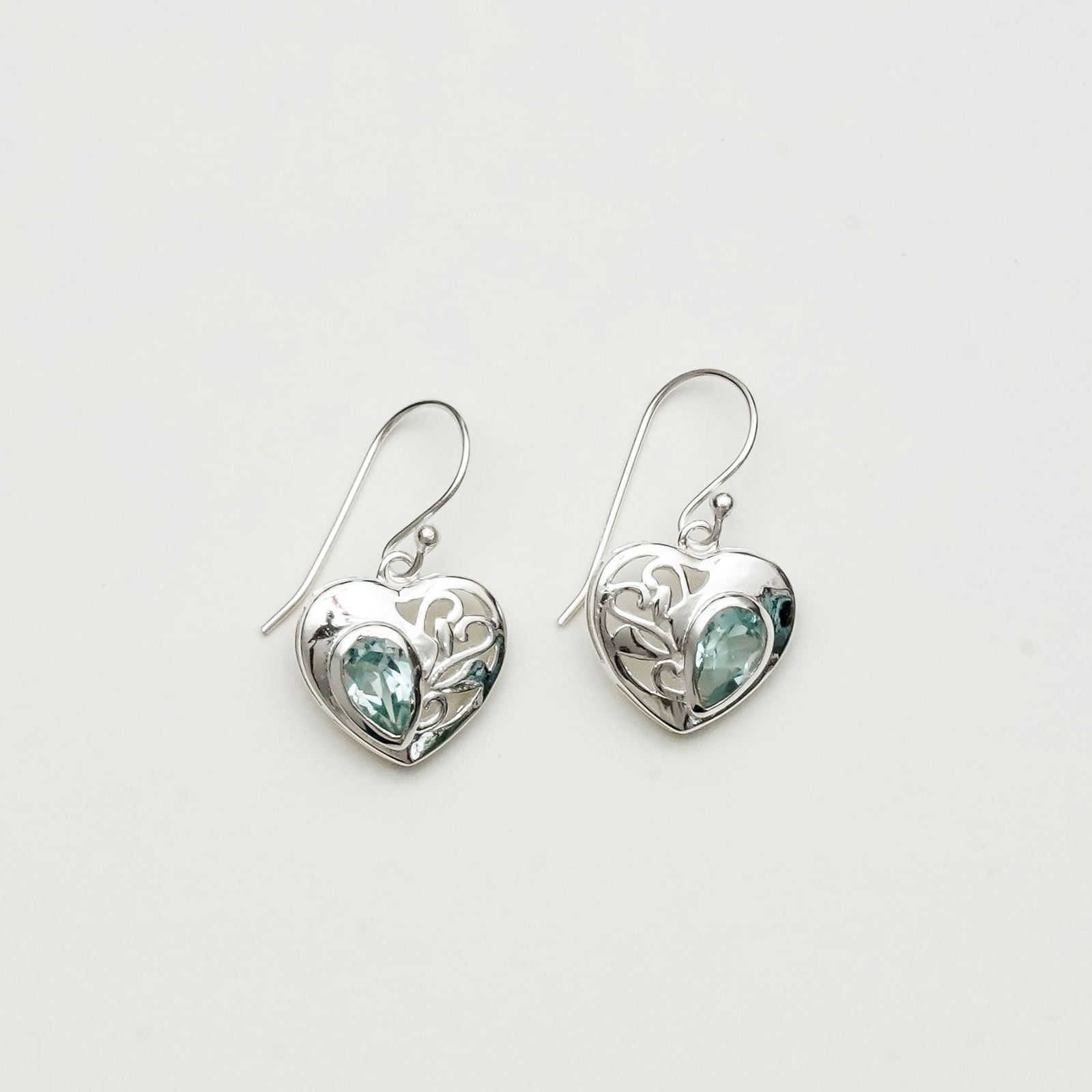 Heart Earrings With Semi Precious BlueTopaz Gemstone Solid 925 Sterling Silver