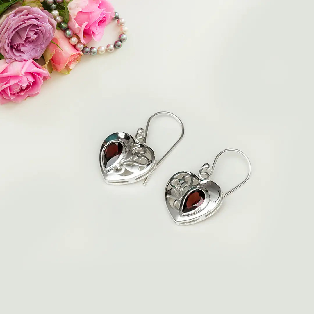 Heart Earrings With Semi Precious Garnet Gemstone Solid 925 Sterling Silver