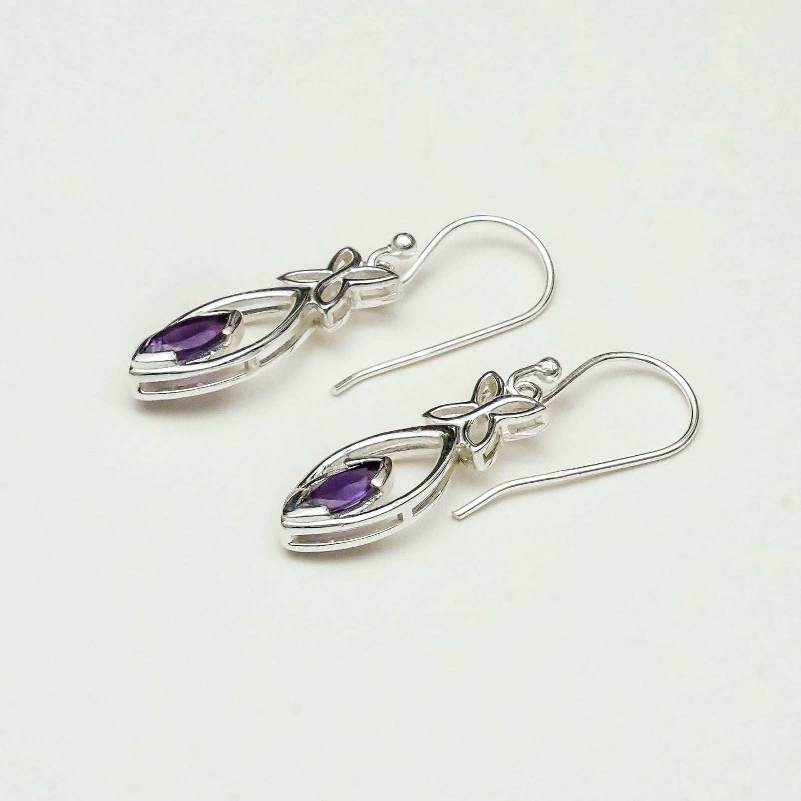 Leaf Earring With Semi Precious Amethyst Gemstone In Solid 925 Sterling Silver