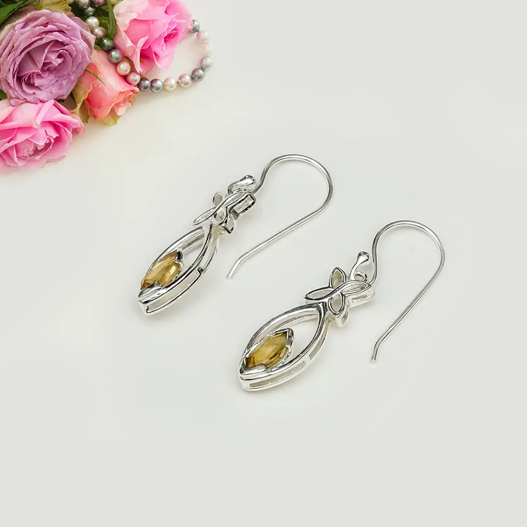 Leaf Earring With Semi Precious Citrine Gemstone In Solid 925 Sterling Silver