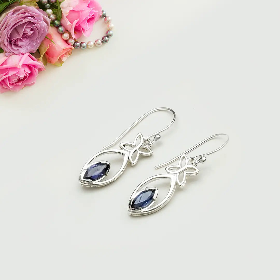 Leaf Earring With Semi Precious Iolite Gemstone In Solid 925 Sterling Silver