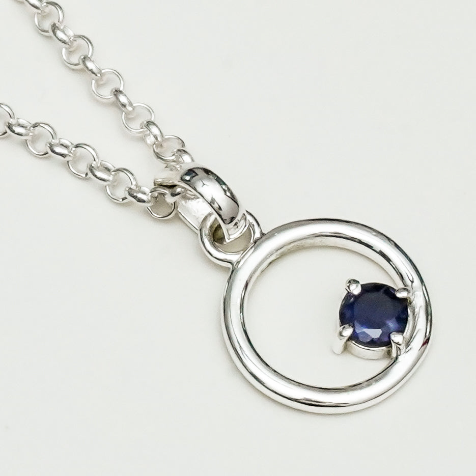 Round Pendant With Iolite Gemstone Solid Sterling Silver - Mohnaa Jewels