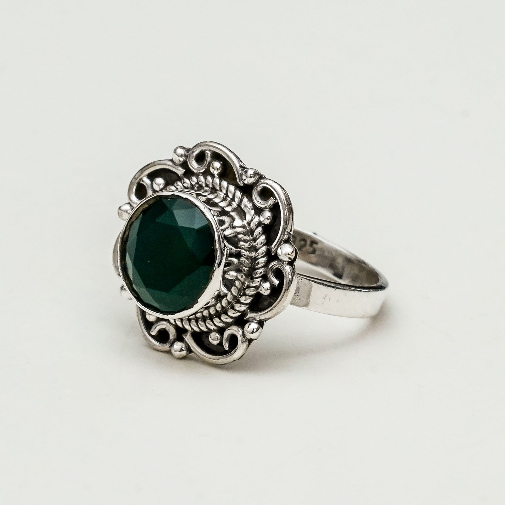 Round Sterling Silver Ring with Green Stone - Mohnaa Jewels