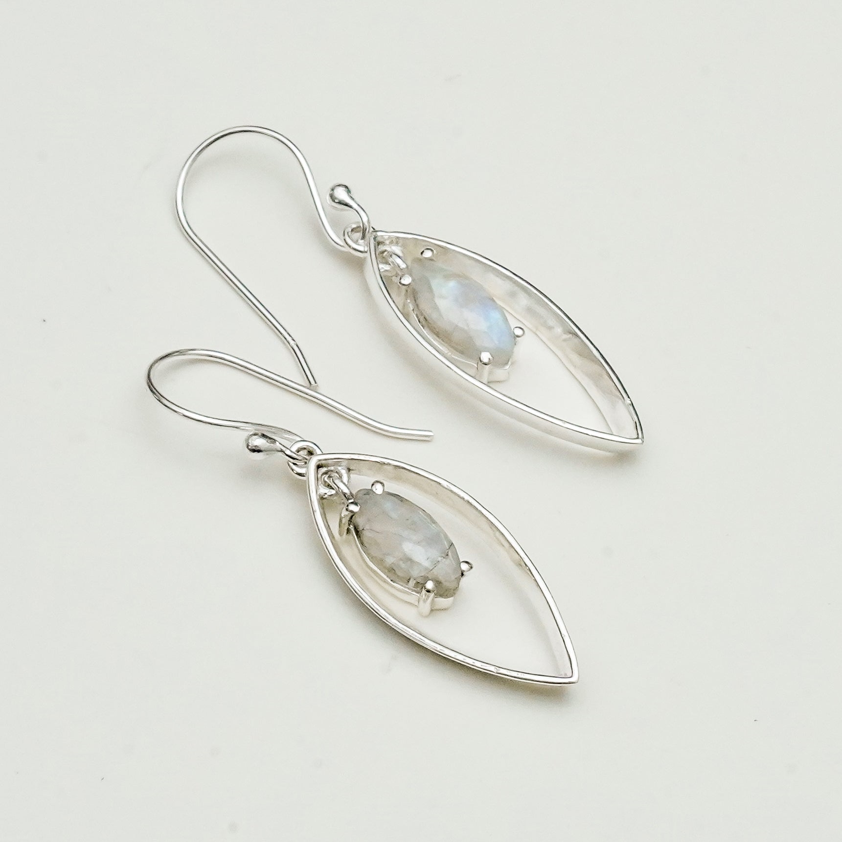 Double Leaf Earrings With Rainbow Moonstone Best Design in 925 Sterling Silver - Mohnaa Jewels