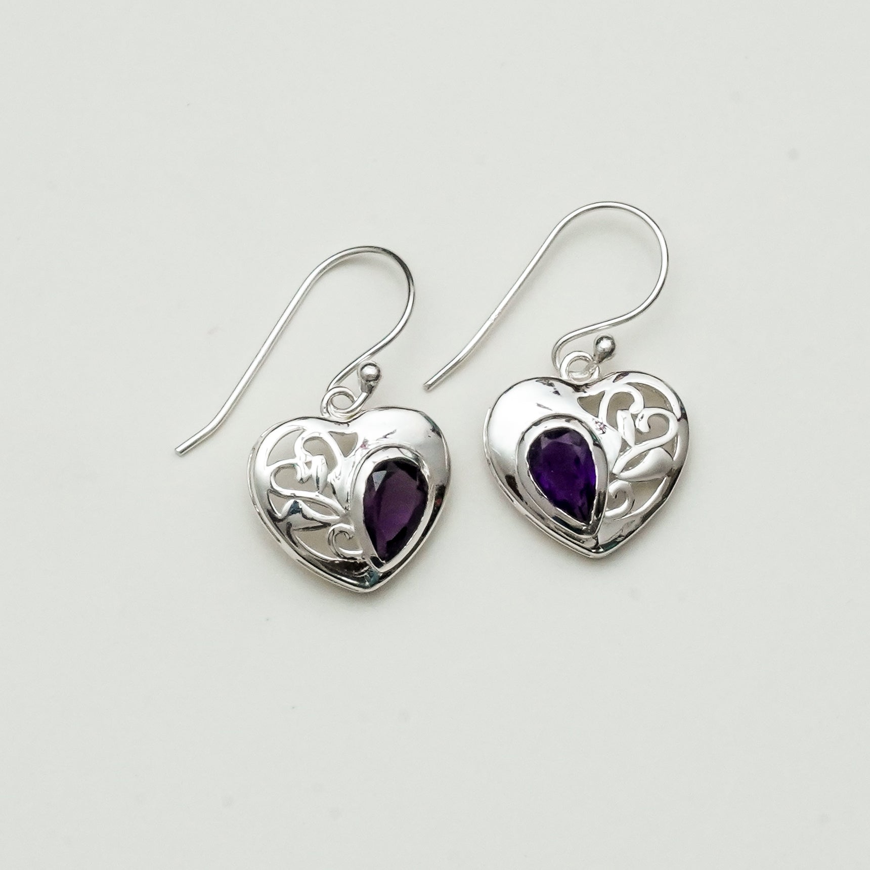 Heart Earrings With Semi Precious Amethyst Gemstone Solid 925 Sterling Silver - Mohnaa Jewels