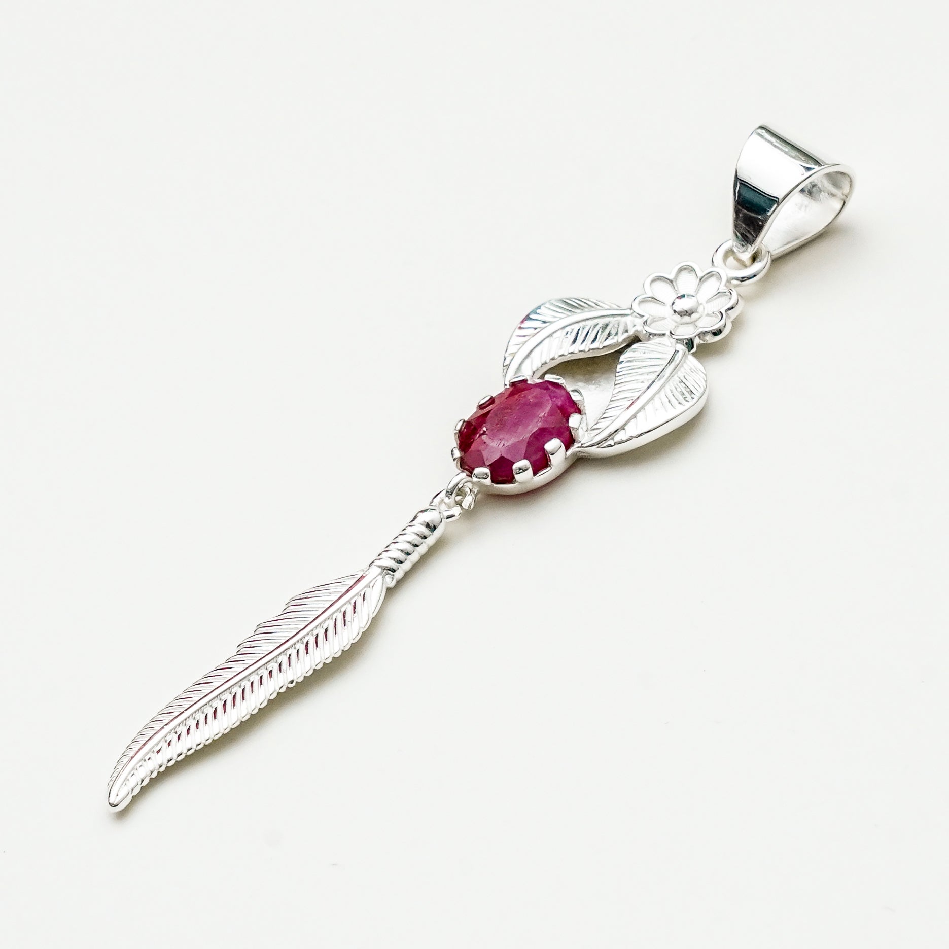 Feather Pendant With Red Gemstone Handmade  In Solid Sterling Silver - Mohnaa Jewels