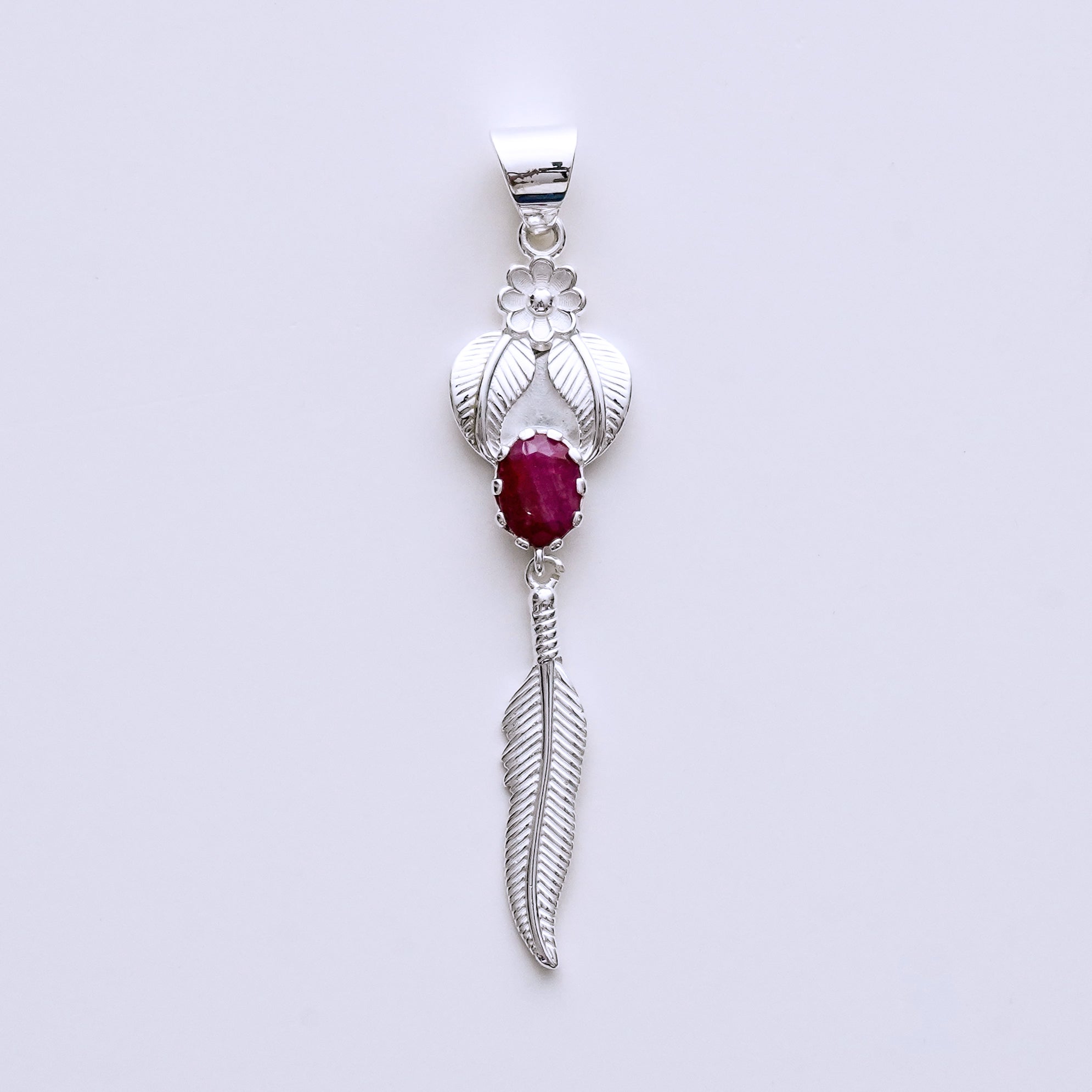 Feather Pendant With Red Gemstone Handmade  In Solid Sterling Silver - Mohnaa Jewels