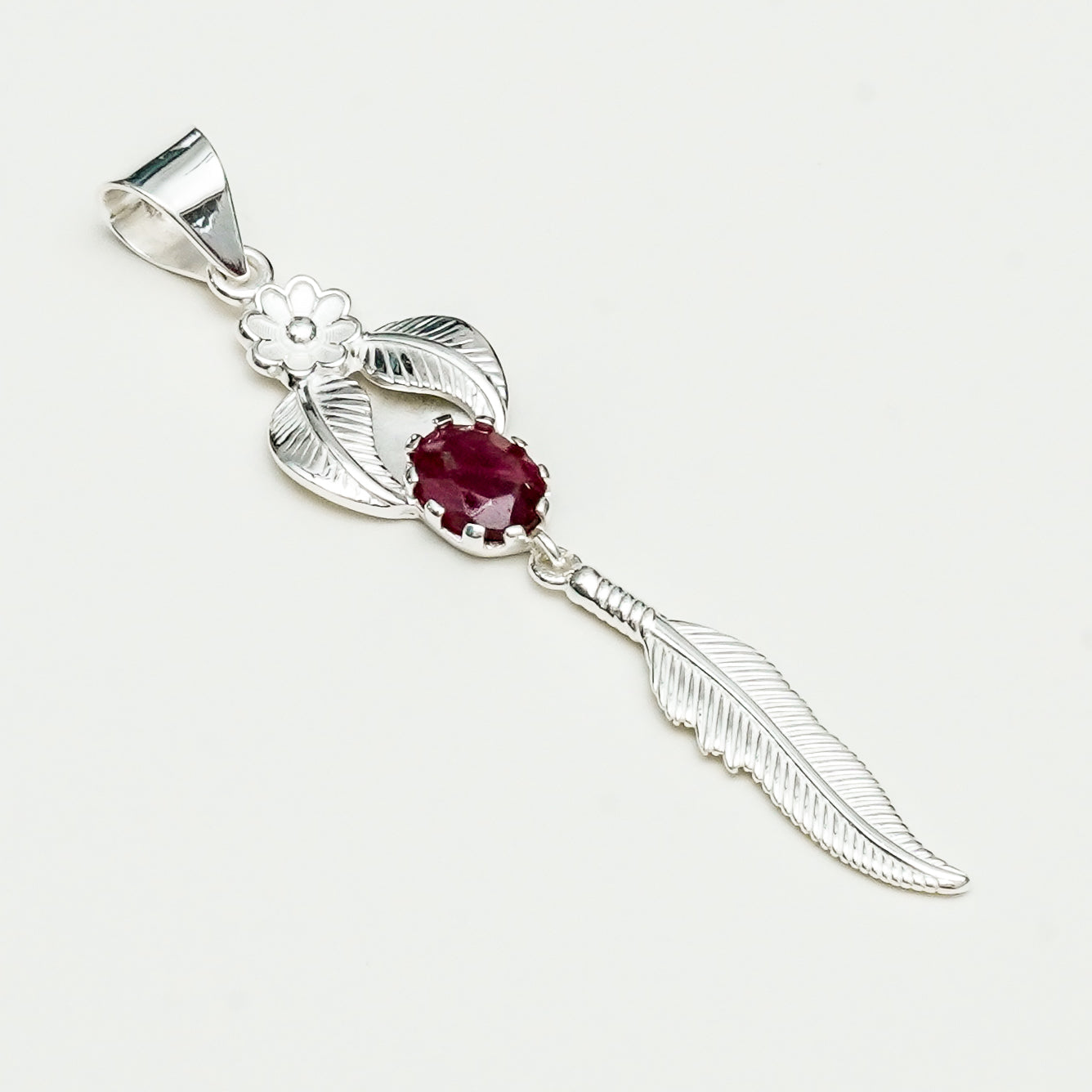 Feather Pendant With Red Gemstone Handmade  In Solid Sterling Silver - Mohnaa Jewels