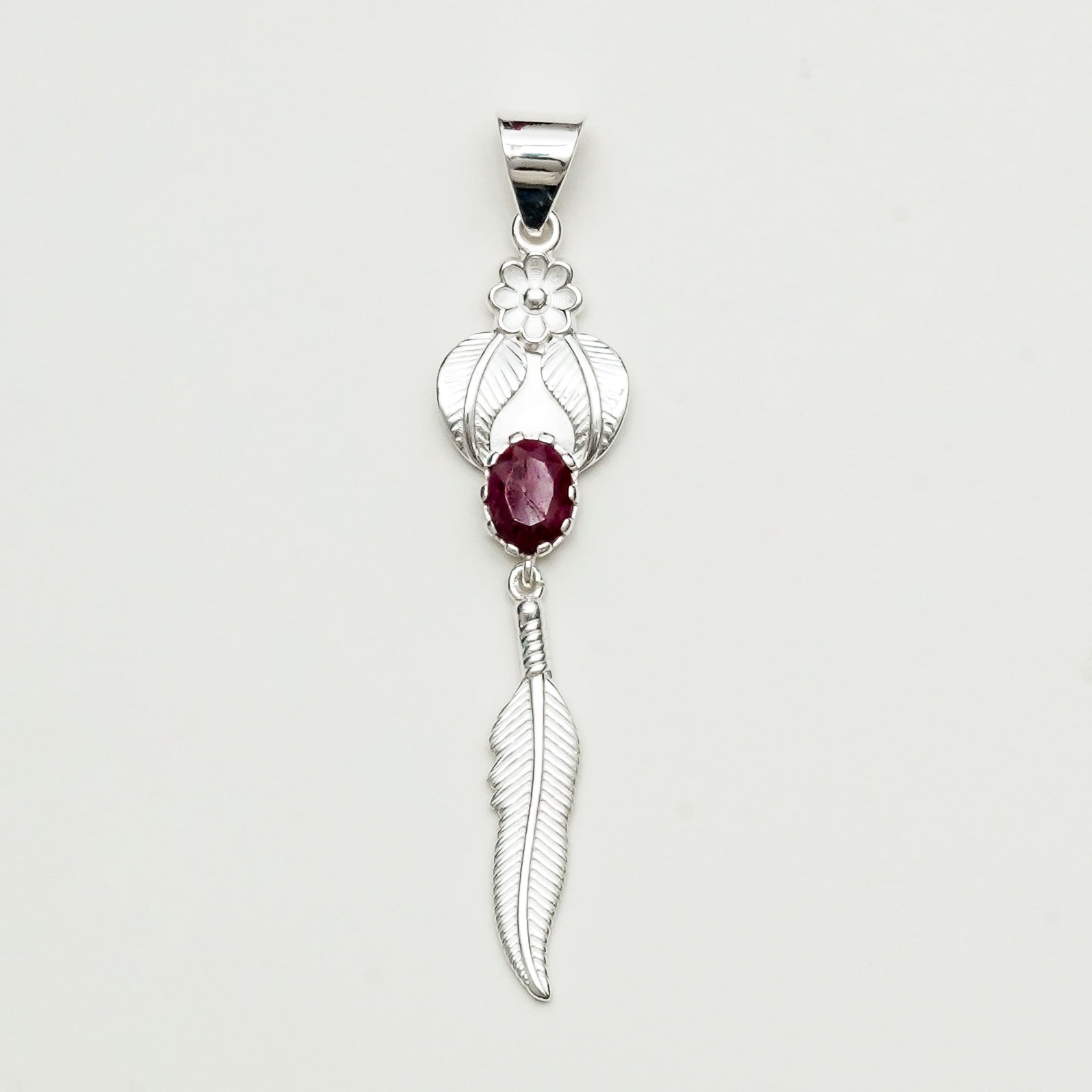 Feather Pendant With Red Gemstone Handmade  In Solid Sterling Silver - Mohnaa Jewels