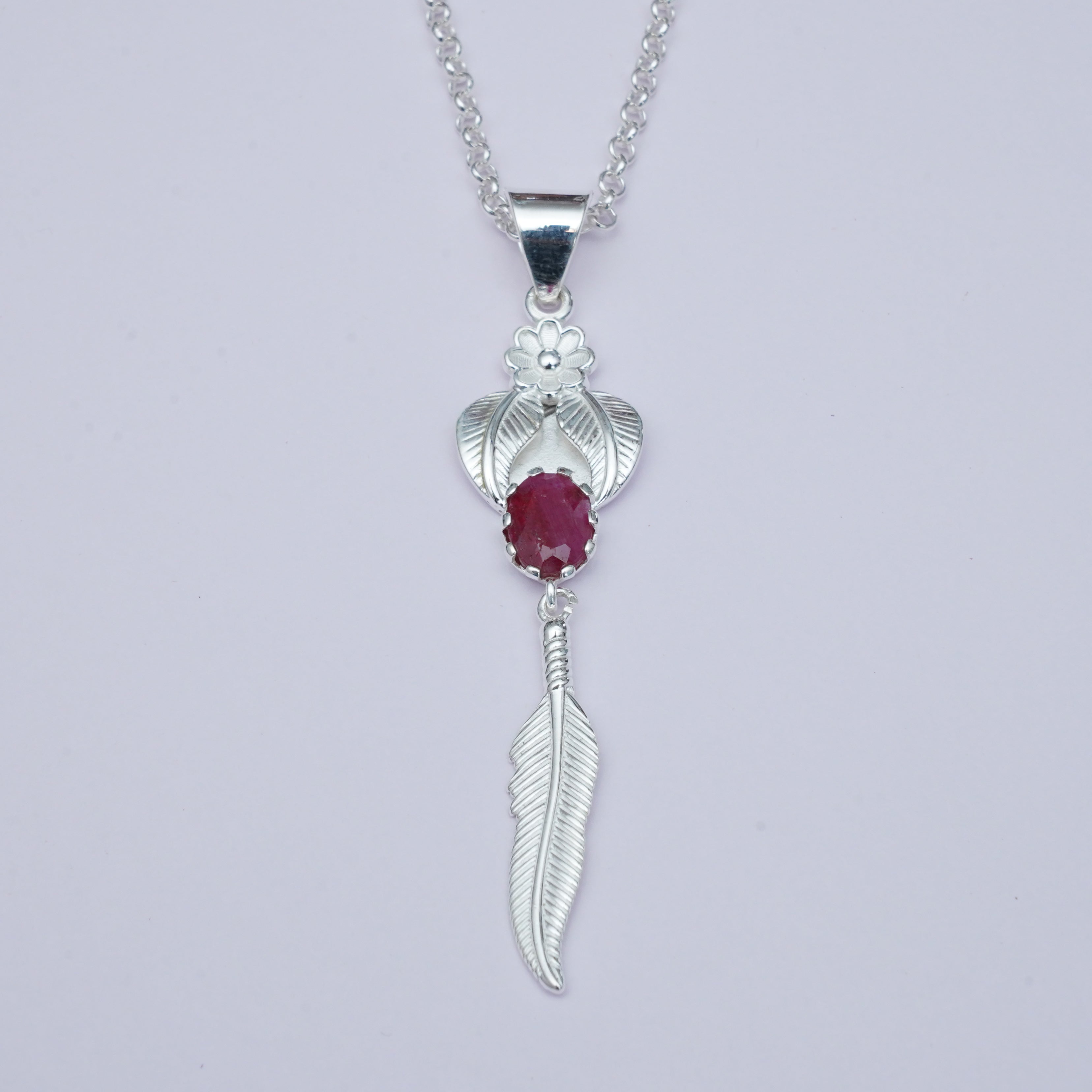 Feather Pendant With Red Gemstone Handmade  In Solid Sterling Silver - Mohnaa Jewels