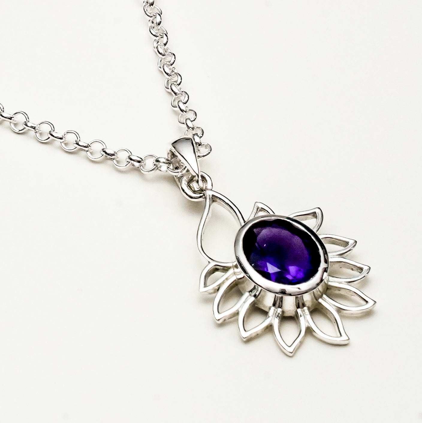 Sunflower Pendant With Amethyst Gemstone In 925 Sterling Silver - Mohnaa Jewels