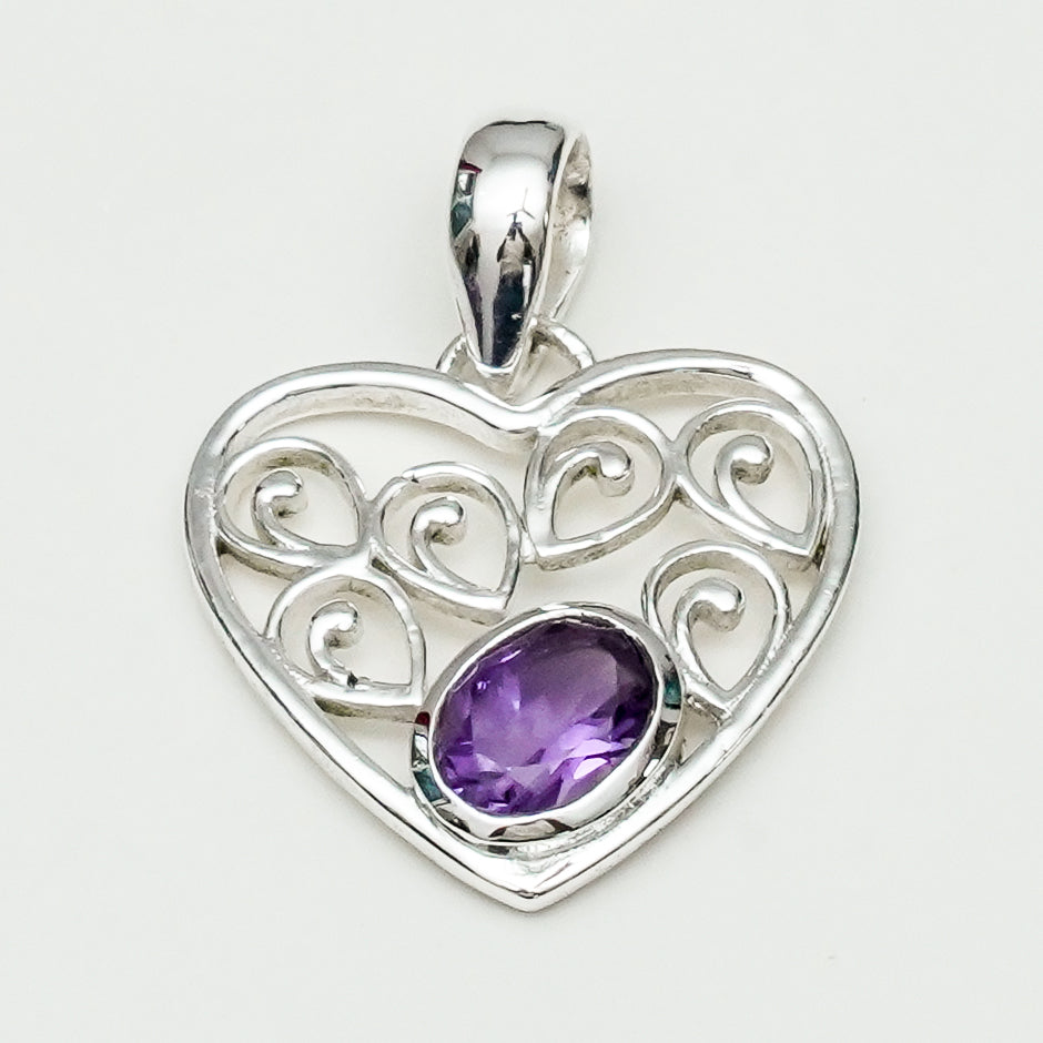 Heart Pendant With Amethyst Gemstone in 925 Solid Sterling Silver - Mohnaa Jewels