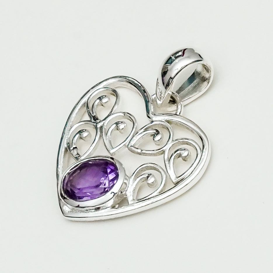 Heart Pendant With Amethyst Gemstone in 925 Solid Sterling Silver - Mohnaa Jewels