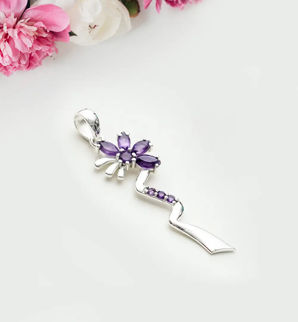Modern Flower Pendent With Amethyst Gemstone In Solid Sterling Silver