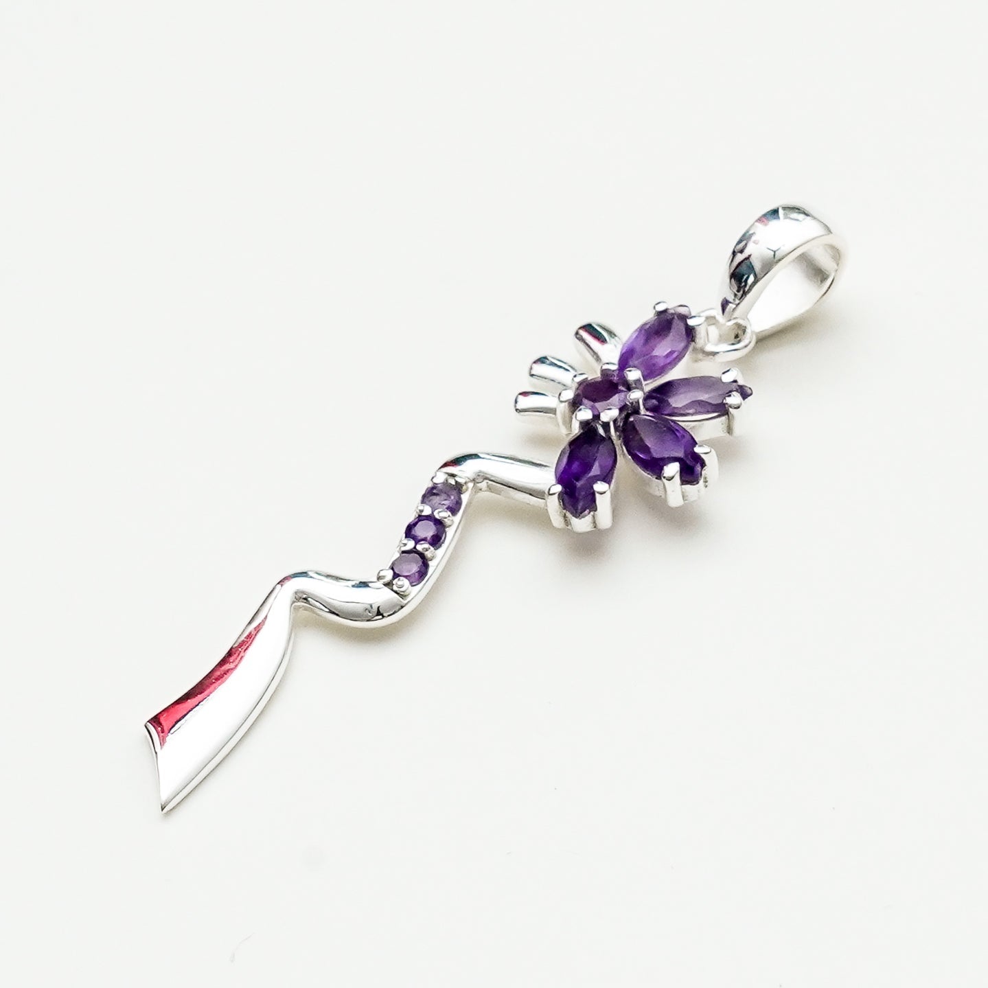 Modern Flower Pendent With Amethyst Gemstone In Solid Sterling Silver