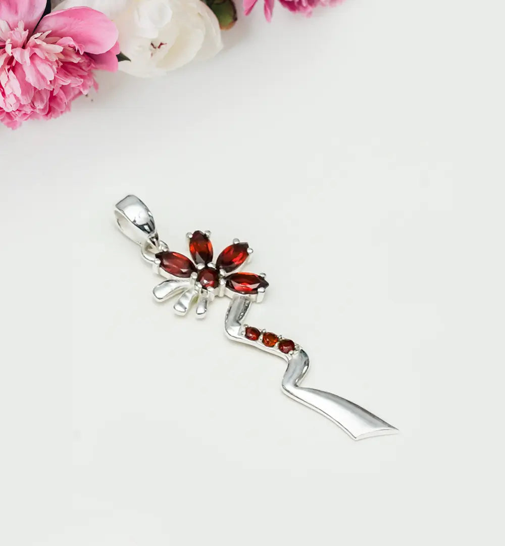 Modern Flower Pendent With Garnet Gemstone In Solid Sterling Silver