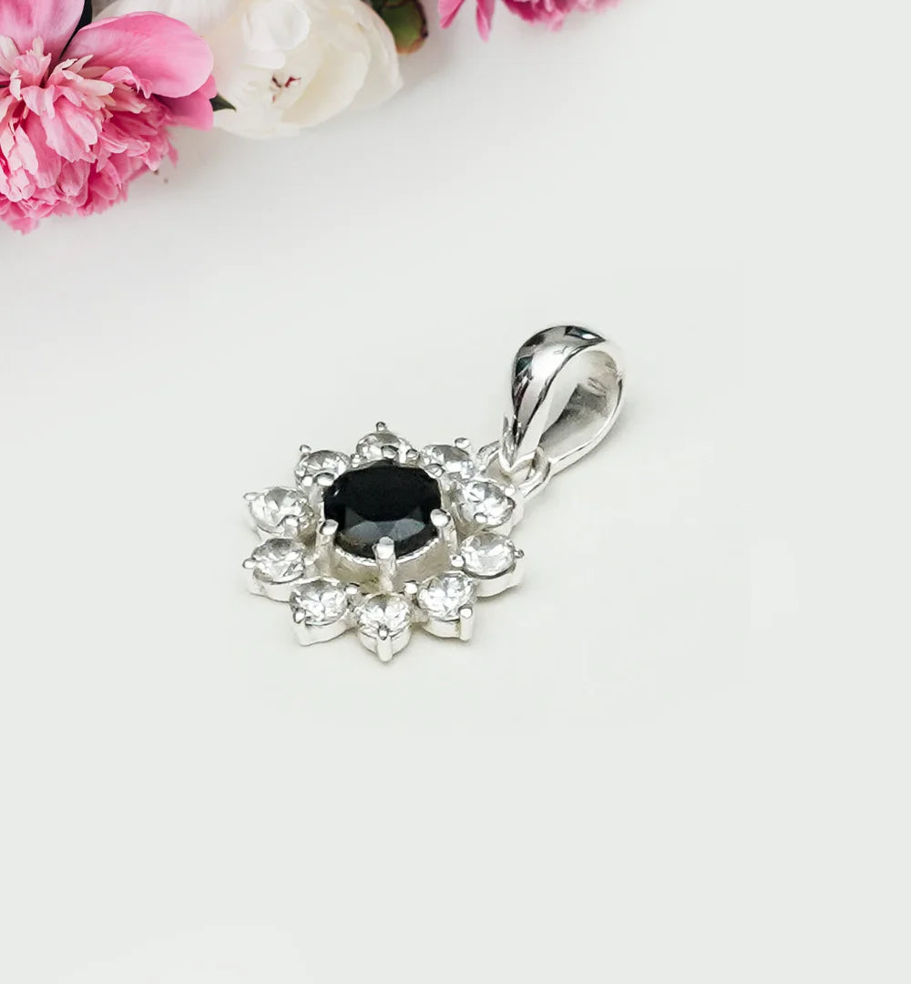 Mohnaa Flower Pendant With Black Onyx Gemstone In Fine Sterling Silver