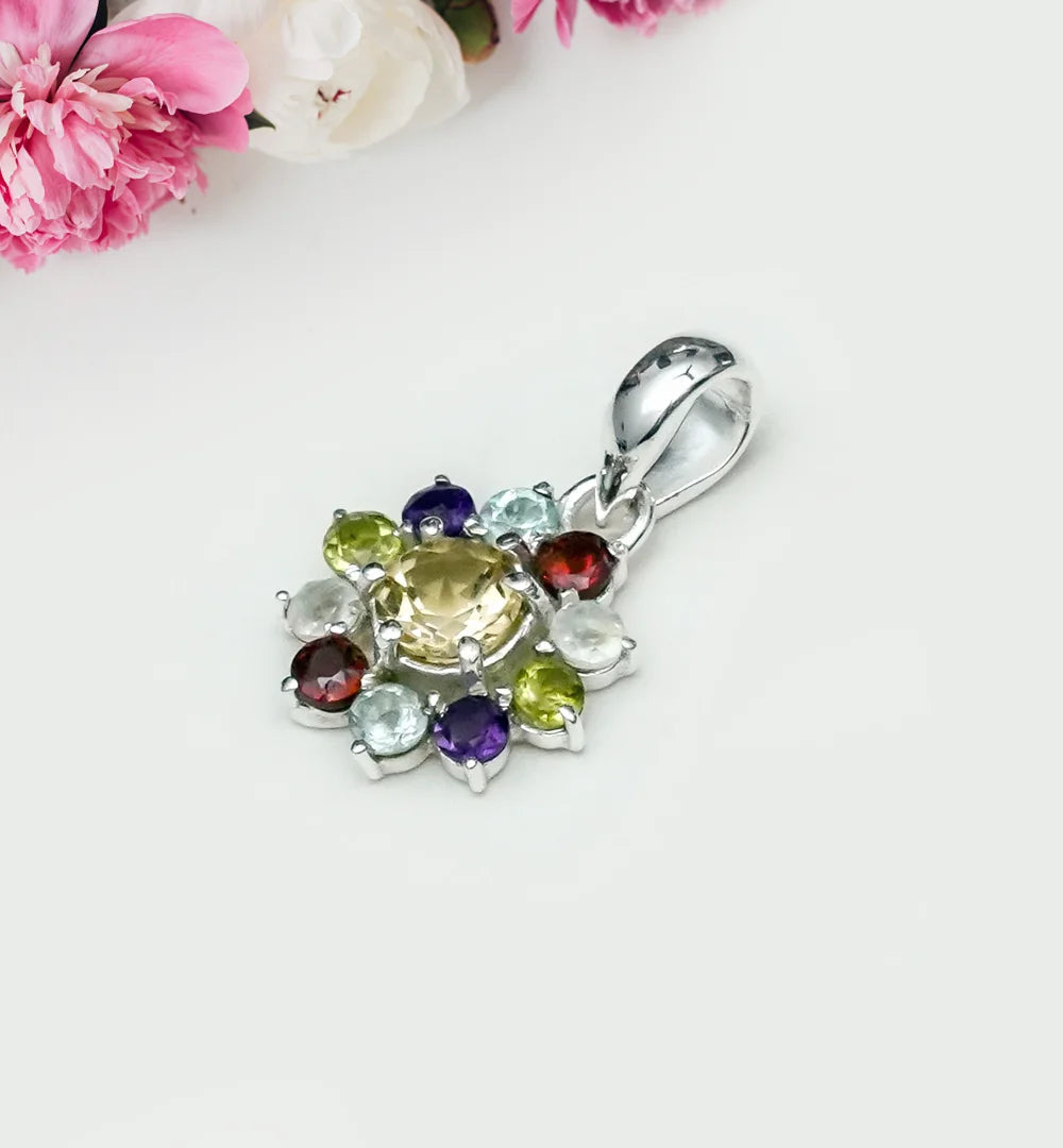 Mohnaa Flower Pendant With Multi Gemstone In Fine Sterling Silver