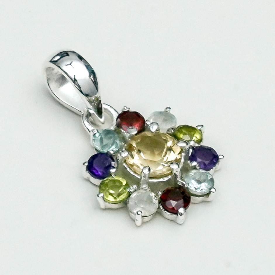 Mohnaa Flower Pendant With Multi Gemstone In Fine Sterling Silver
