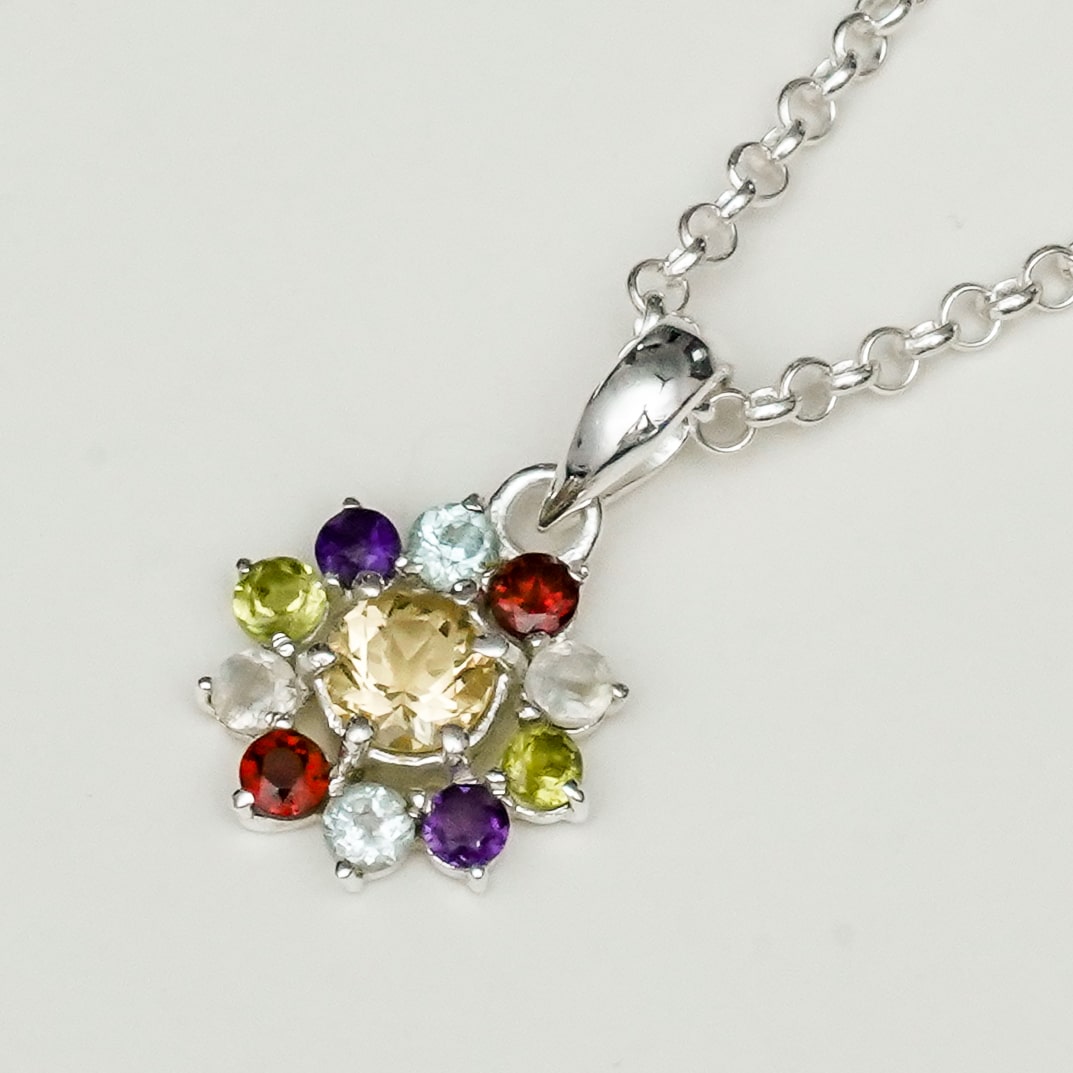 Mohnaa Flower Pendant With Multi Gemstone In Fine Sterling Silver