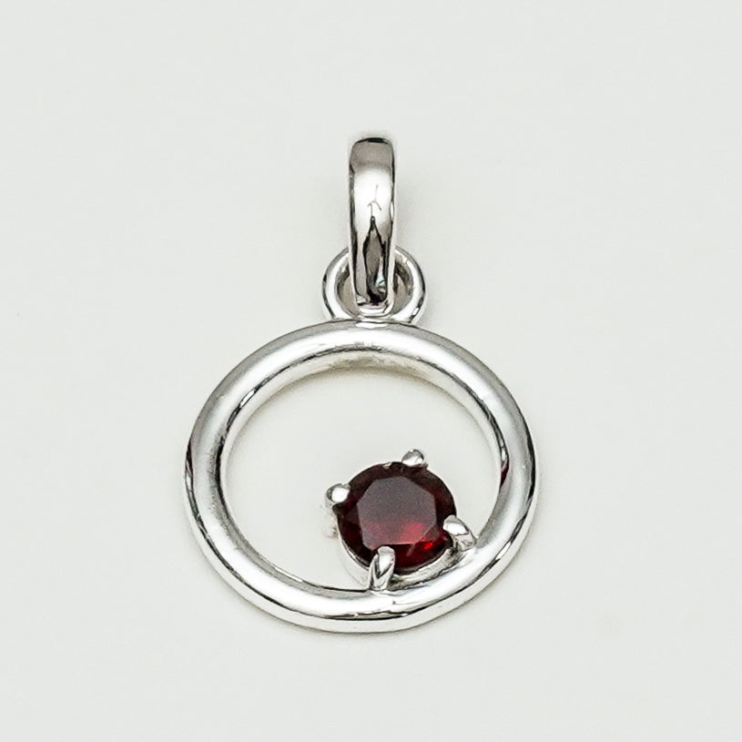 Round Pendant With Garnet Gemstone Solid Sterling Silver