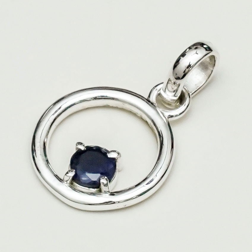 Round Pendant With Iolite Gemstone Solid Sterling Silver