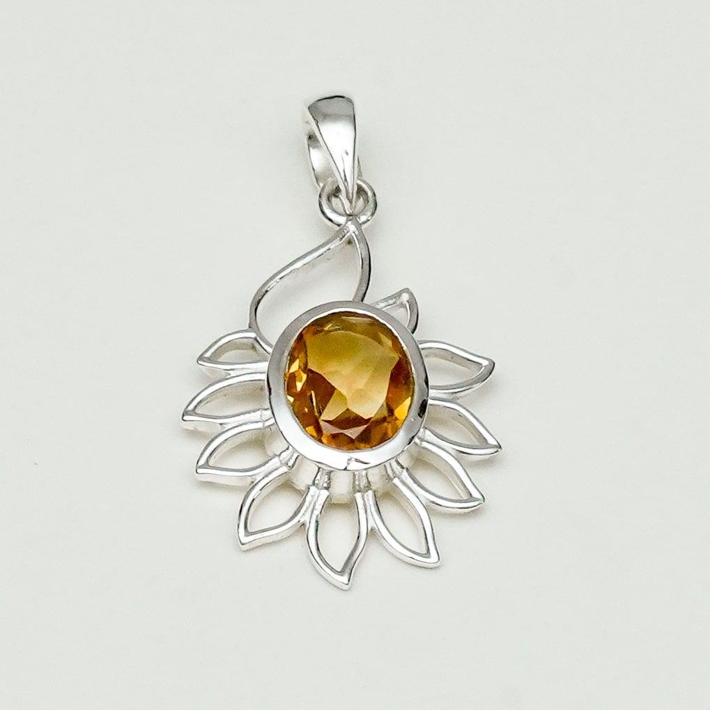 Sunflower Pendant With Citrine Gemstone In 925 Sterling Silver - Mohnaa Jewels