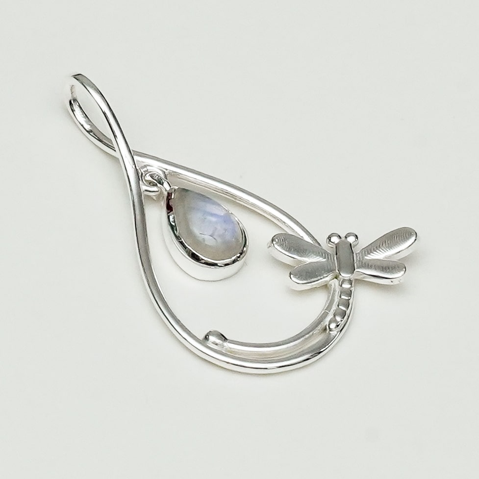 Dragonfly Pendent With Rainbow Moonstone In 925 Sterling Silver - Mohnaa Jewels