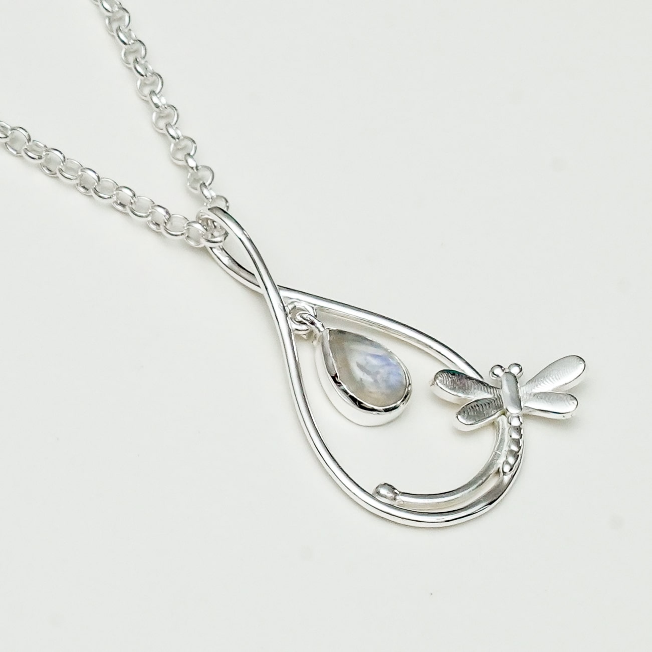 Dragonfly Pendent With Rainbow Moonstone In 925 Sterling Silver - Mohnaa Jewels