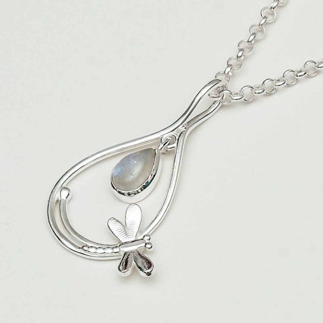 Dragonfly Pendent With Rainbow Moonstone In 925 Sterling Silver - Mohnaa Jewels