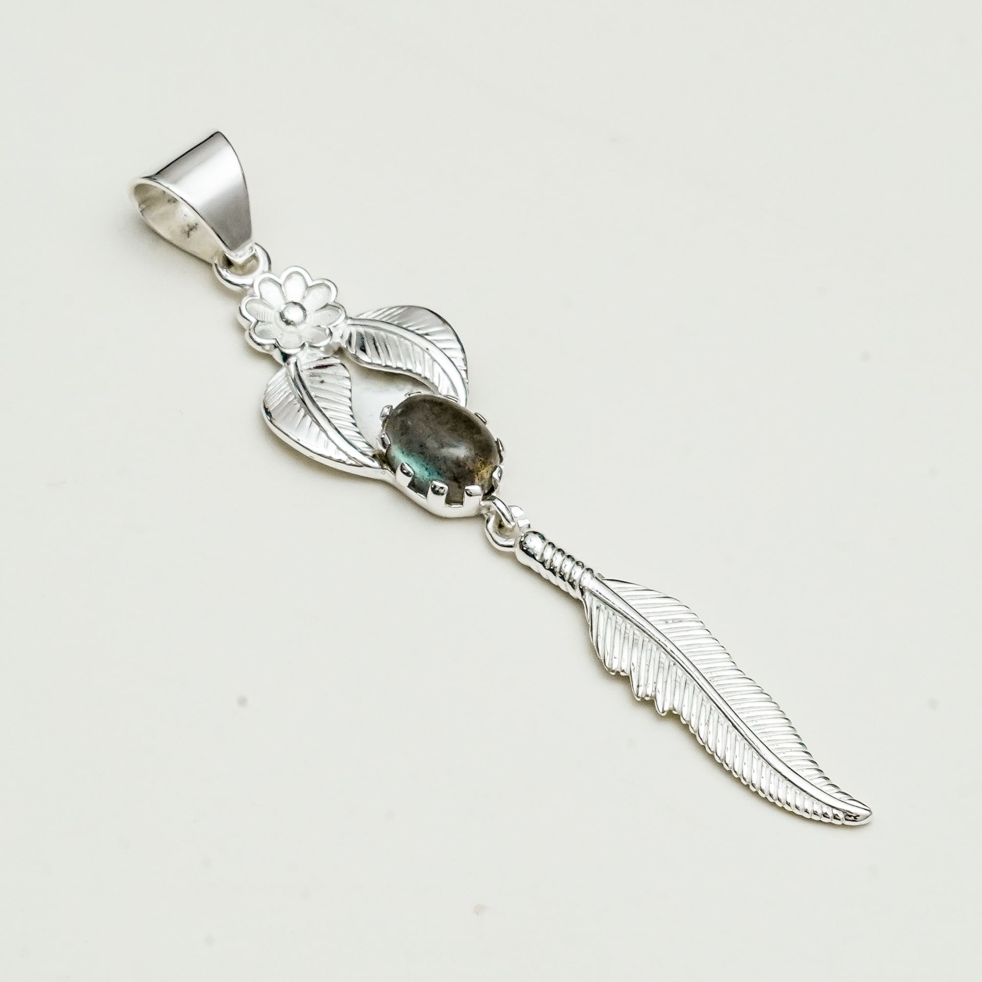 Feather Pendant With Labradorite Gemstone Handmade  In Solid Sterling Silver - Mohnaa Jewels