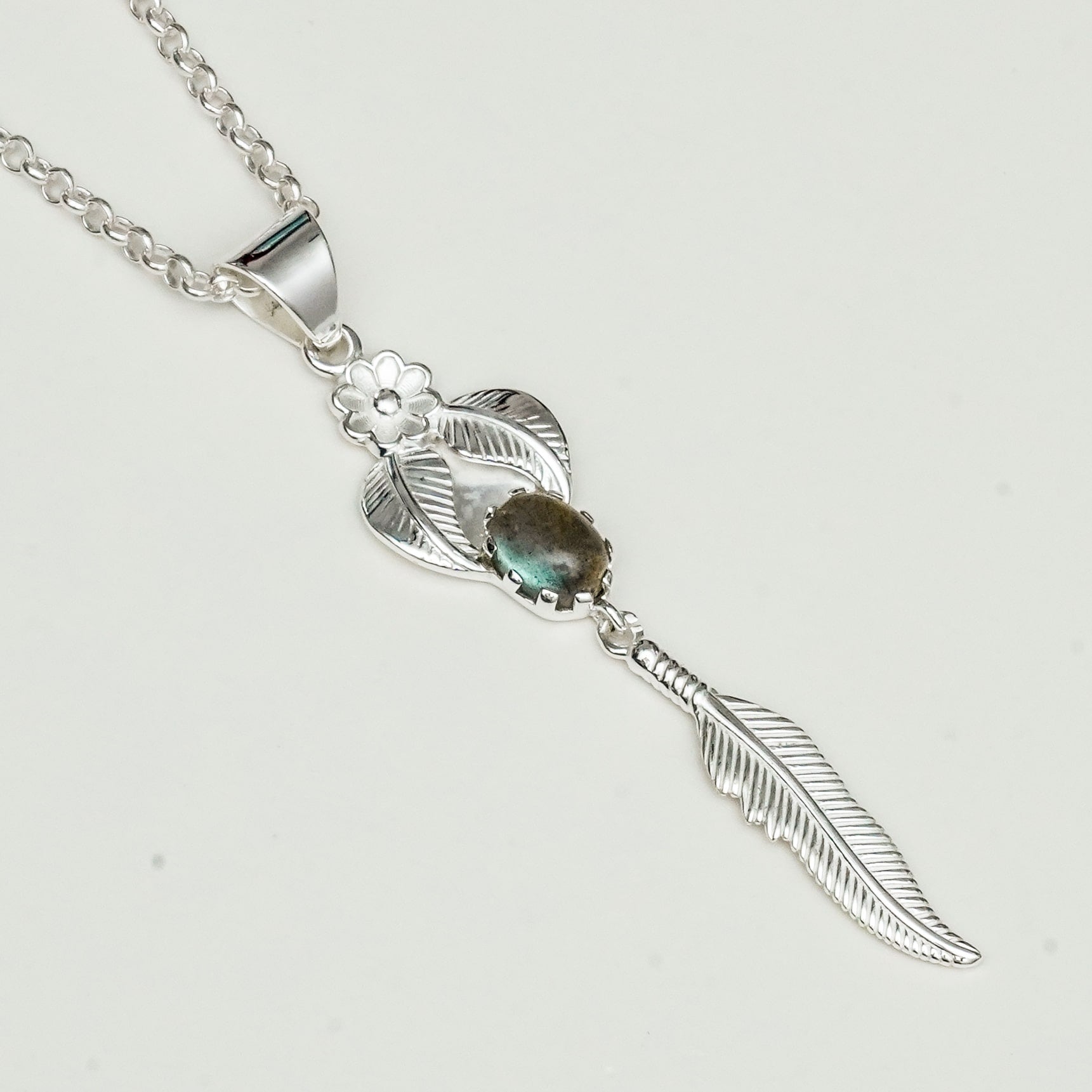 Feather Pendant With Labradorite Gemstone Handmade  In Solid Sterling Silver - Mohnaa Jewels