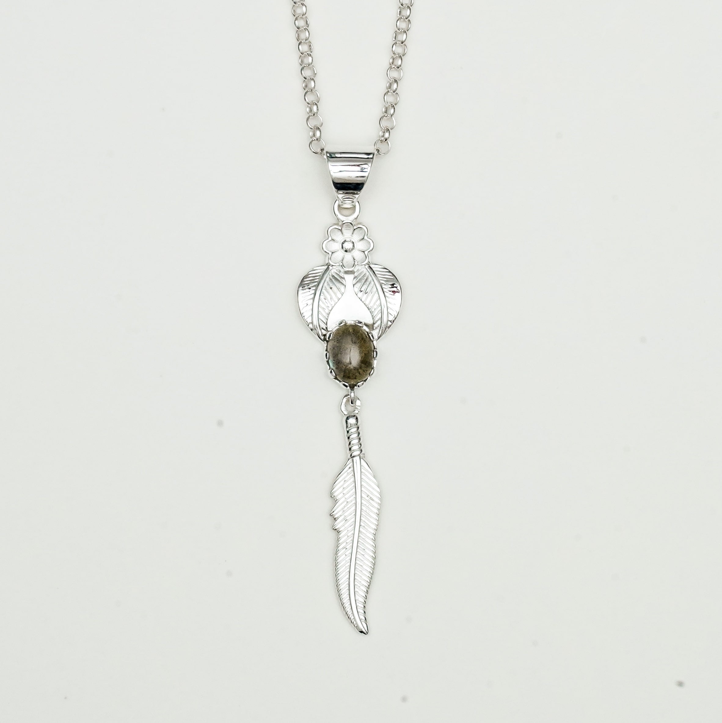 Feather Pendant With Labradorite Gemstone Handmade  In Solid Sterling Silver - Mohnaa Jewels