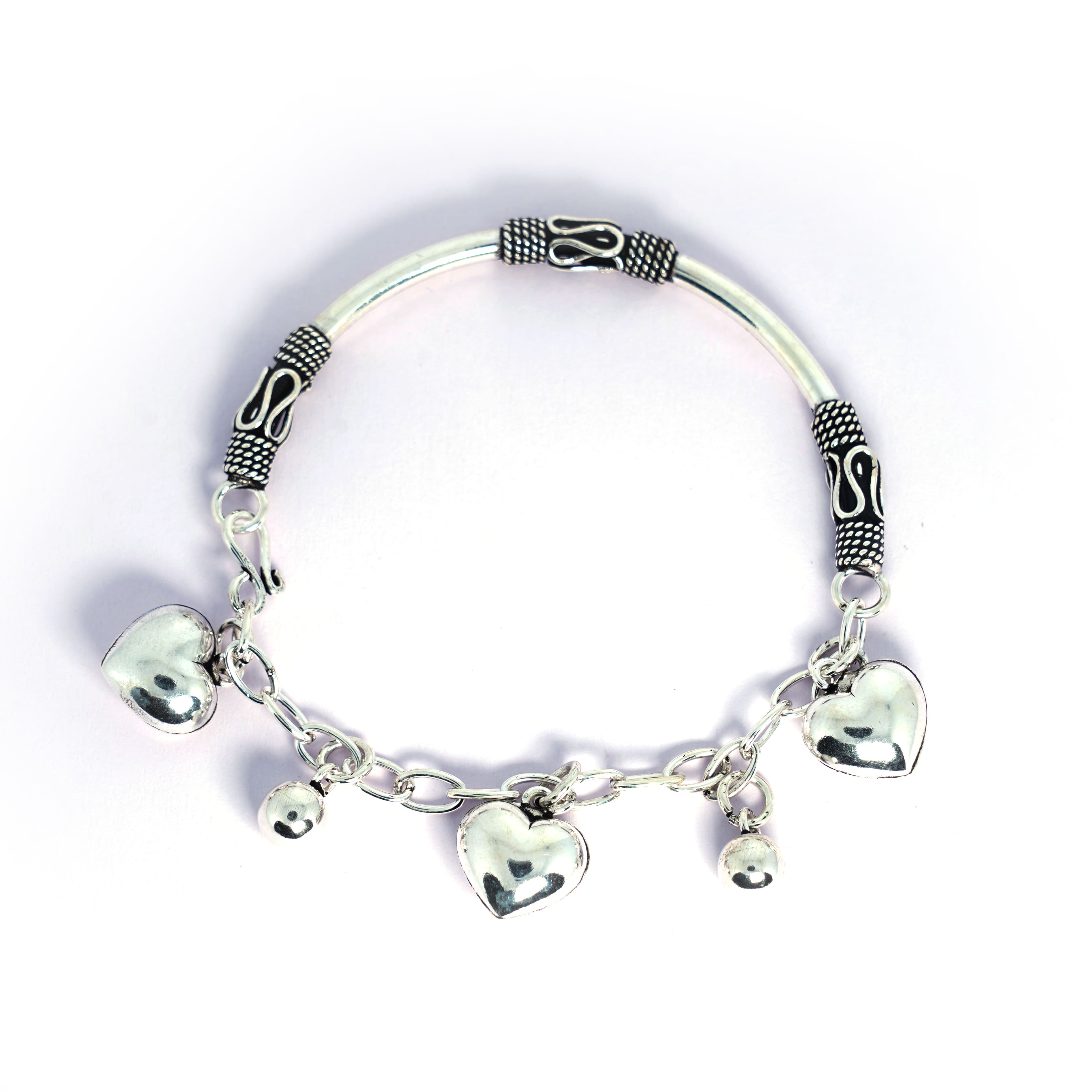 Dazzling Hear Oxydised Charm Silver Bracelet - Mohnaa Jewels