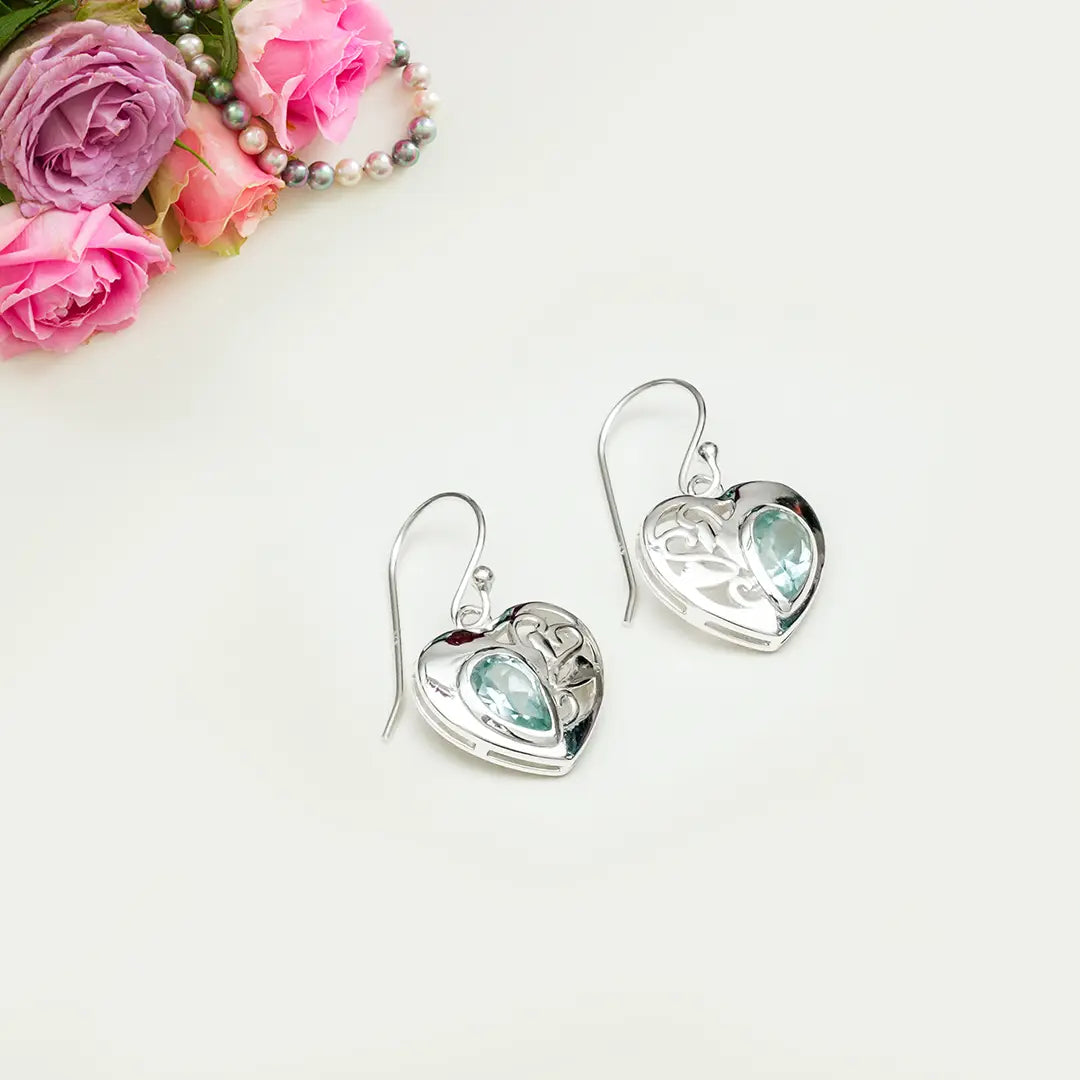 Heart Earrings With Semi Precious BlueTopaz Gemstone Solid 925 Sterling Silver - Mohnaa Jewels