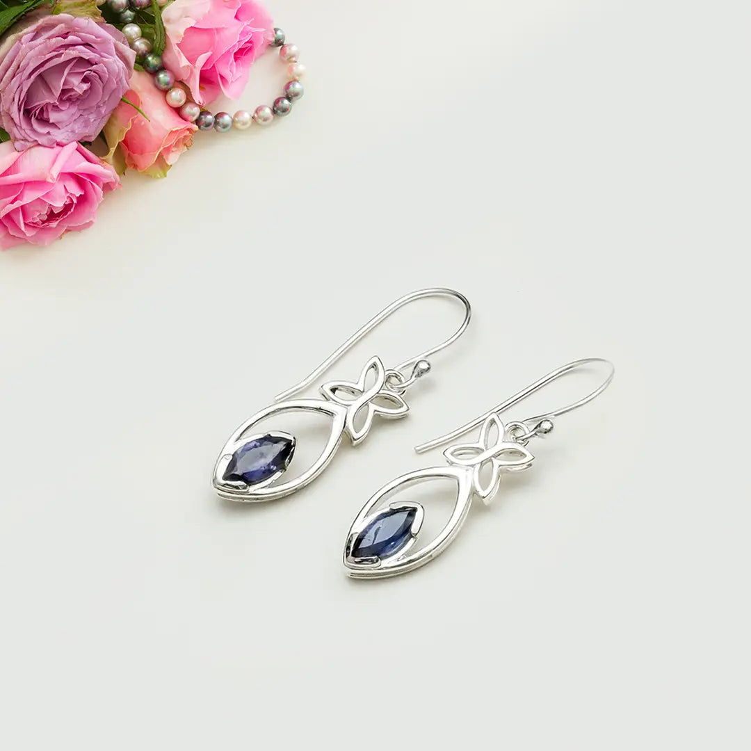 Leaf Earring With Semi Precious Amethyst Gemstone In Solid 925 Sterling Silver - Mohnaa Jewels