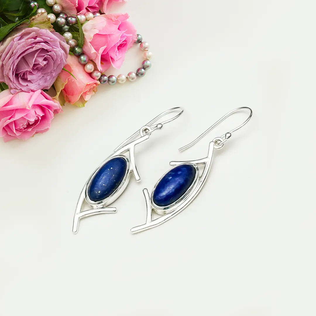 Modern Earrings With Lapis Gemstone in 925 Sterling Silver - Mohnaa Jewels