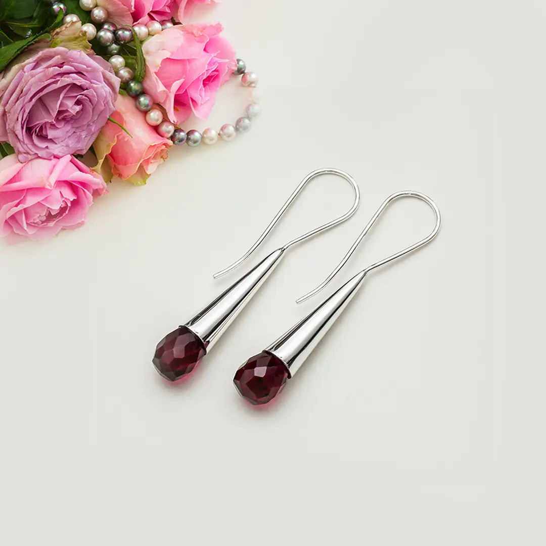 Pearl Drop Designer Earrings With Garnet Gemstone In Solid Silver Jewelry - Mohnaa Jewels