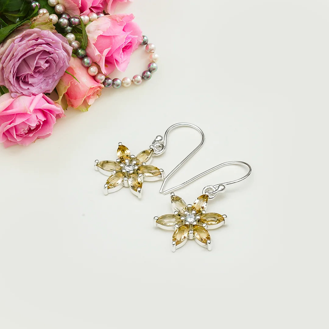 Star Earring With Semi Precious Natural Citrine Gemstone In 925 Sterling Silver - Mohnaa Jewels