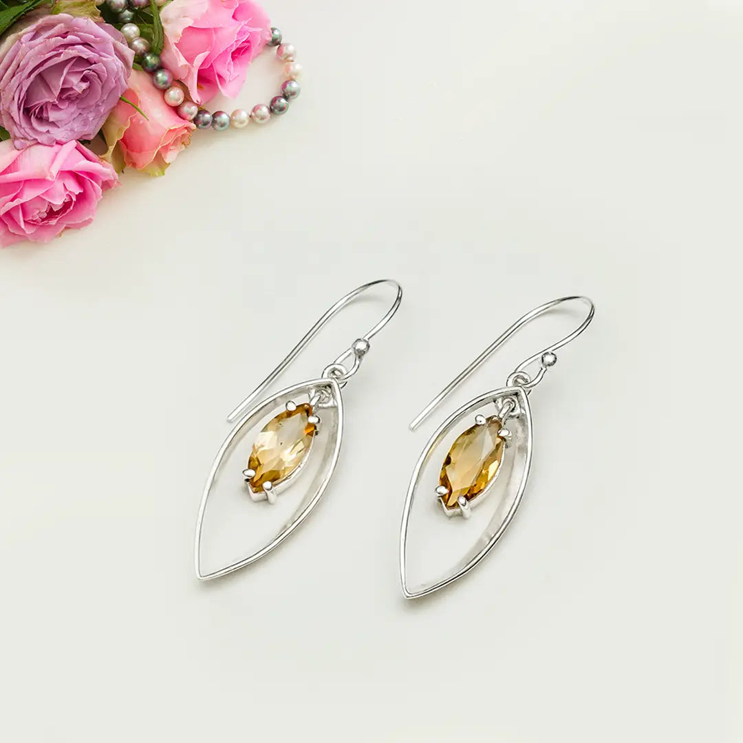 Double Leaf Earrings With Citrine Gemstone Best Design in 925 Sterling Silver - Mohnaa Jewels