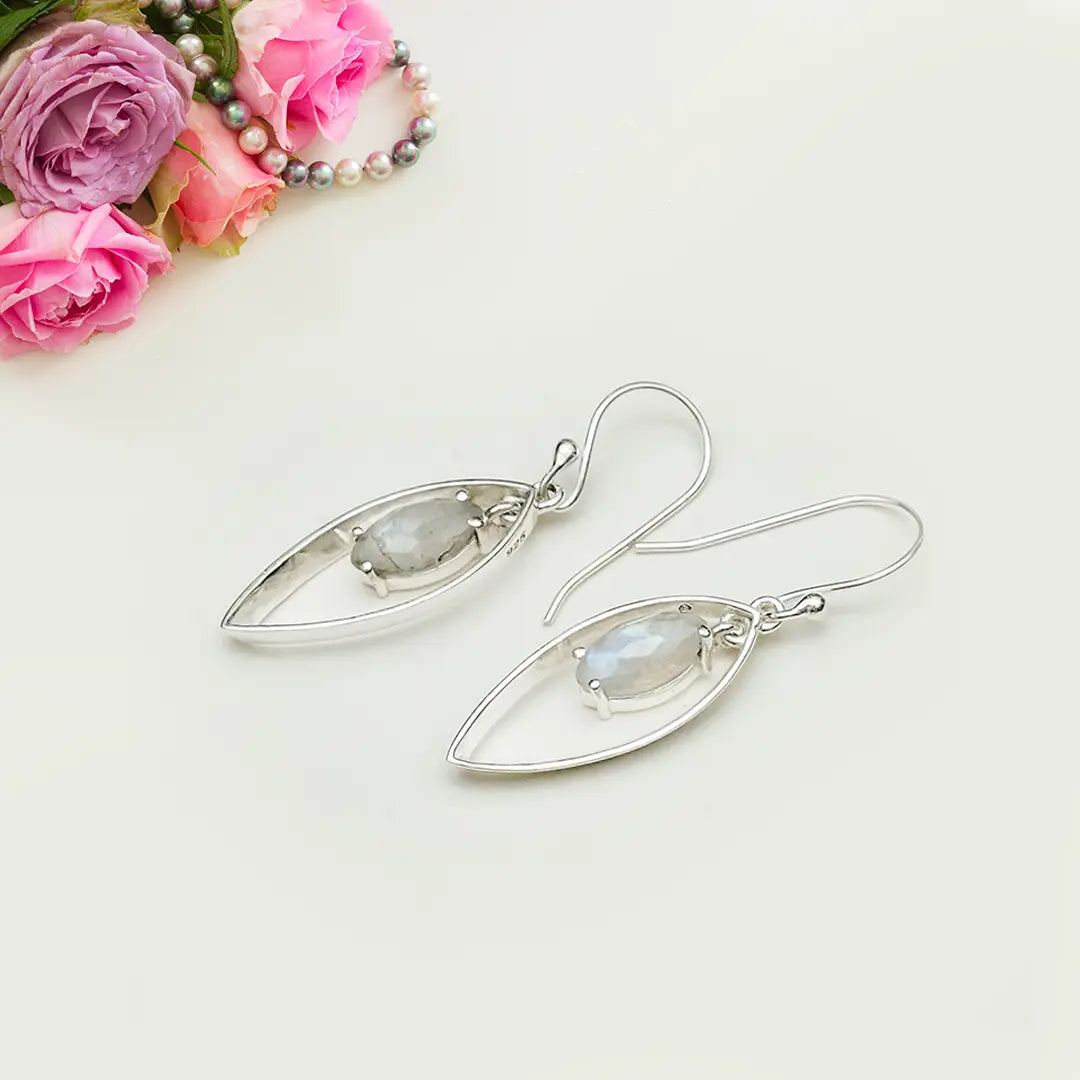 Double Leaf Earrings With Rainbow Moonstone Best Design in 925 Sterling Silver - Mohnaa Jewels