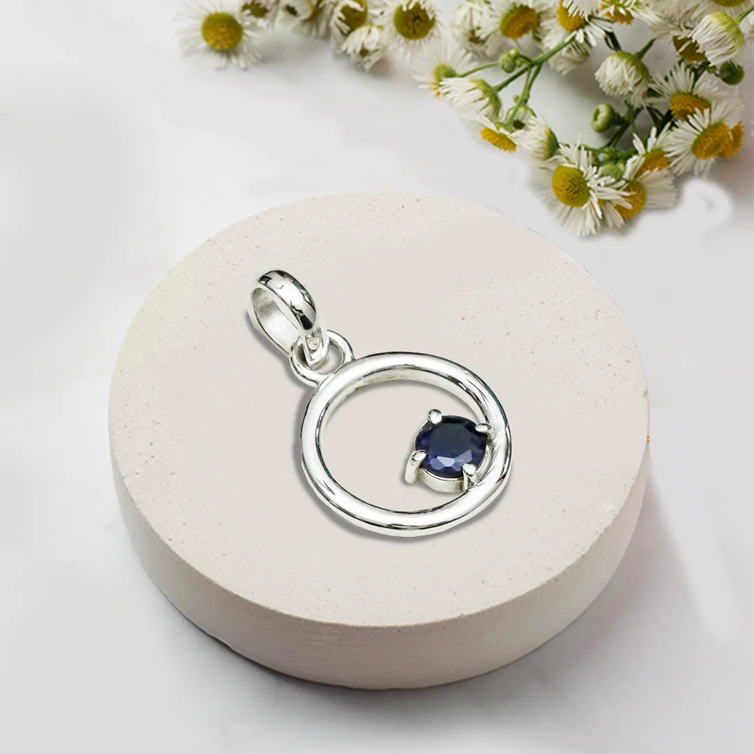 Round Pendant With Iolite Gemstone Solid Sterling Silver - Mohnaa Jewels