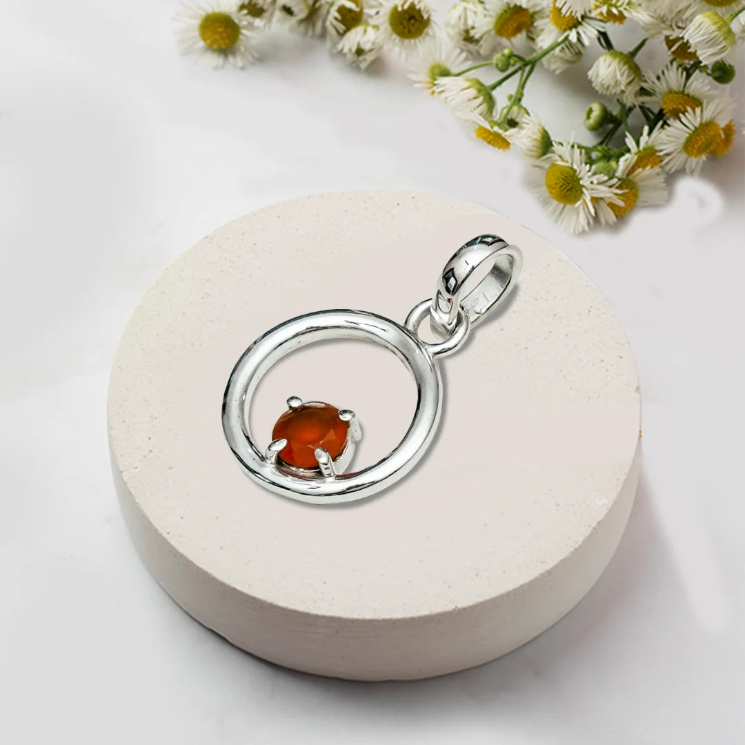 Round Pendant With Orange Gemstone Solid Sterling Silver - Mohnaa Jewels