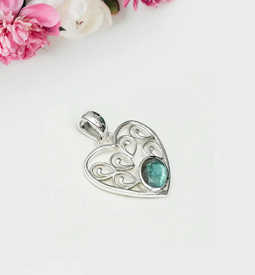 Heart Pendant With Labradorite Gemstone in 925 Solid Sterling Silver - Mohnaa Jewels