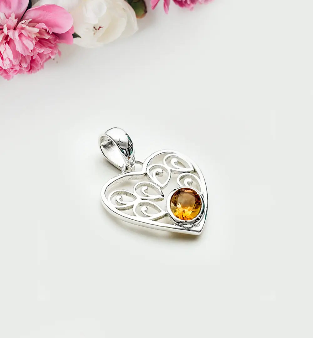 Heart Pendant With Citrine Gemstone in 925 Solid Sterling Silver - Mohnaa Jewels