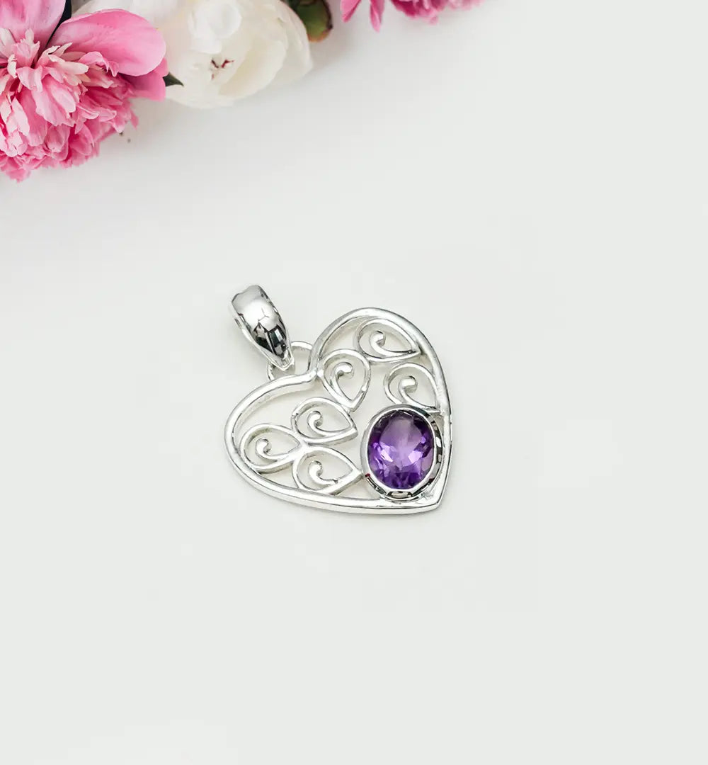 Heart Pendant With Amethyst Gemstone in 925 Solid Sterling Silver - Mohnaa Jewels